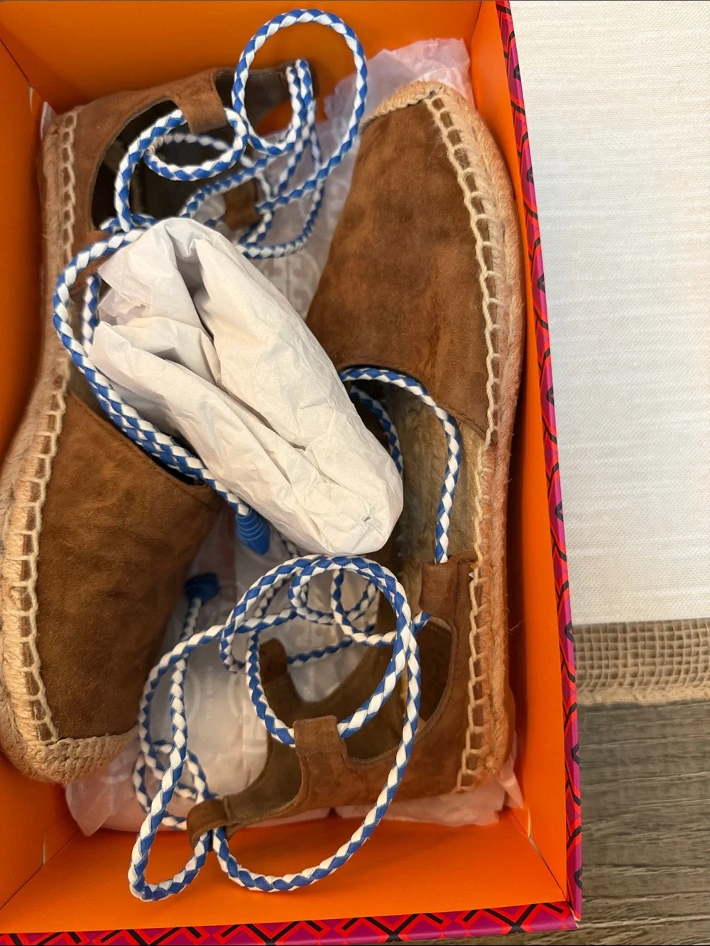 Tory Burch Brown Espadrille Lace-Up Flats with Blue & White Laces